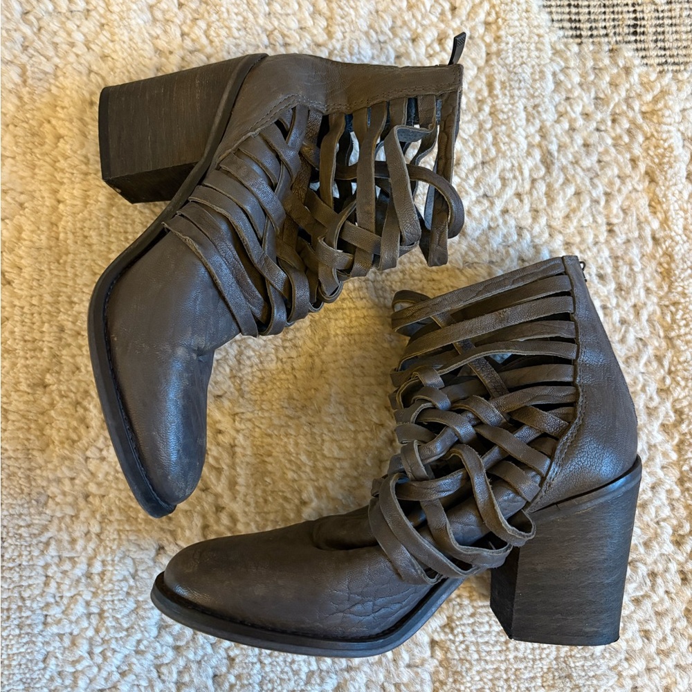 Free People Carrera Woven Leather Ankle Boots, Leather Gray Brown